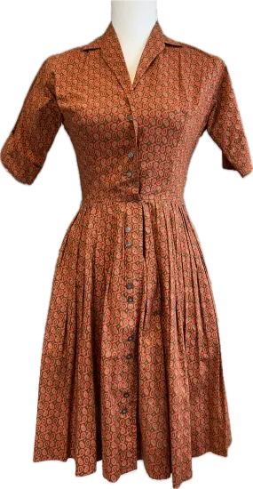 Vintage 1940s Orange and Brown Short Sleeve Dress, XS