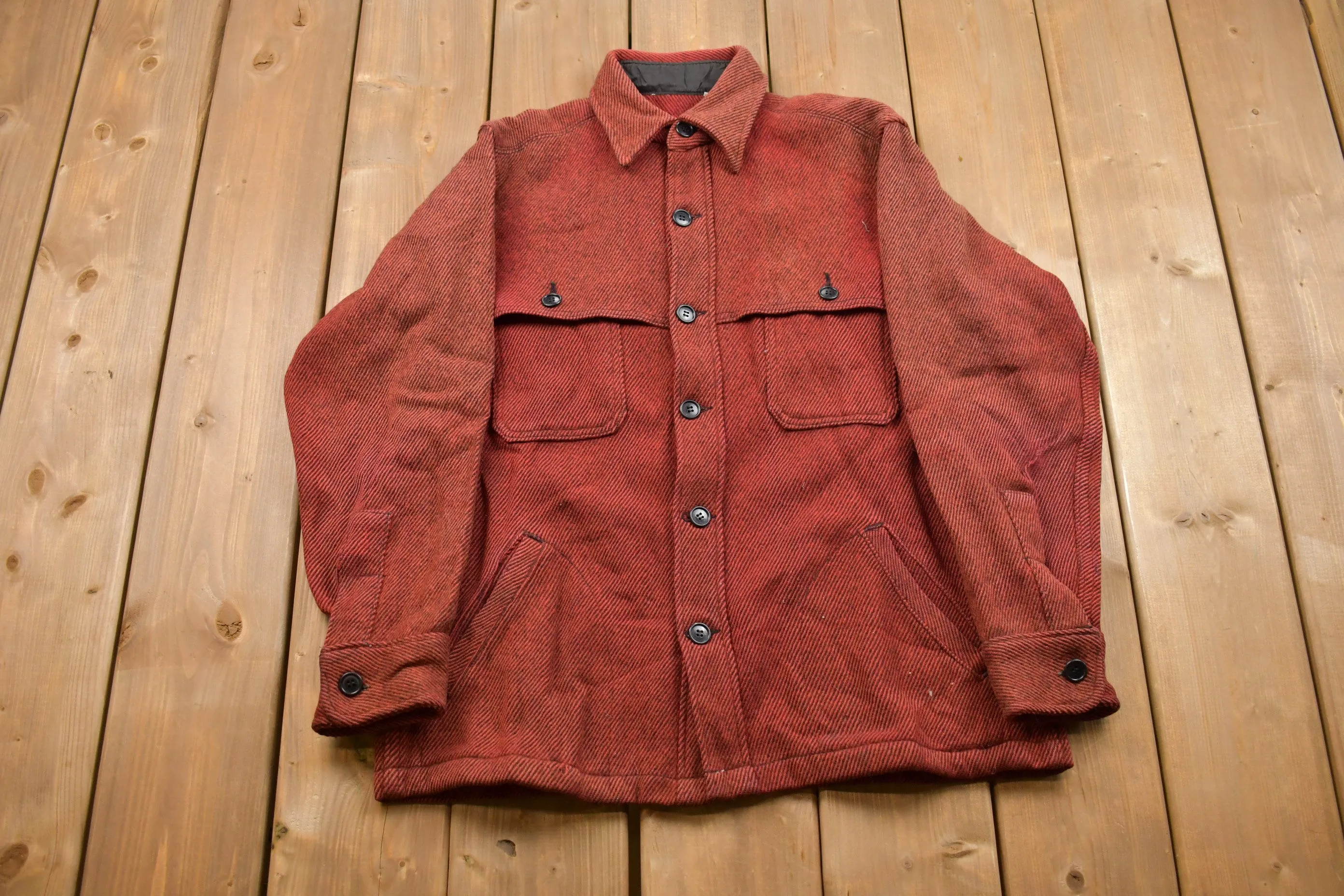 Vintage 1960s Wool Double Breast Pocket Button Up Shirt Faded / Vintage Flannel / Casual Wear / Workwear / Pattern Button Up