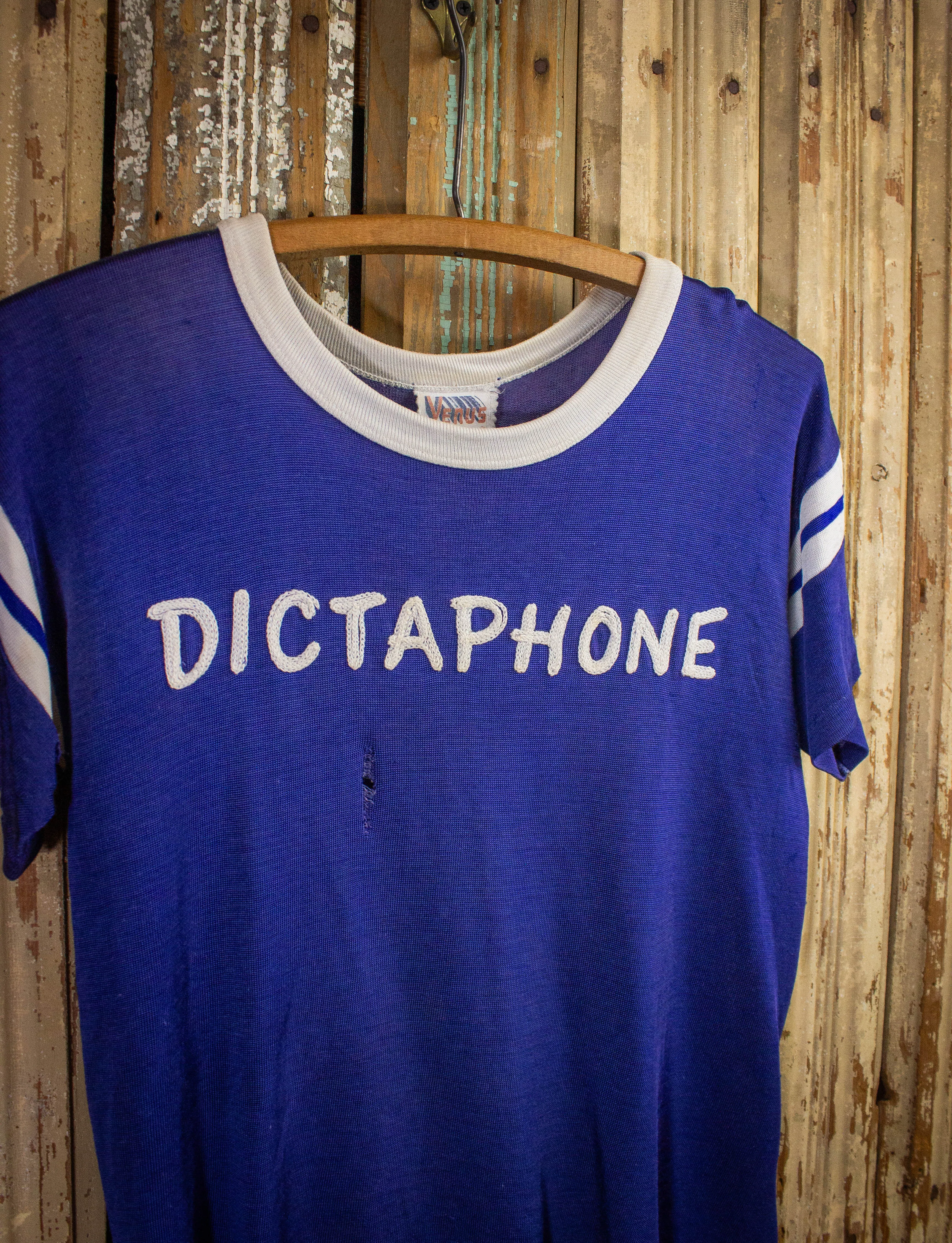 Vintage Dictaphone Chainstitched Graphic T Shirt 60s Blue Small