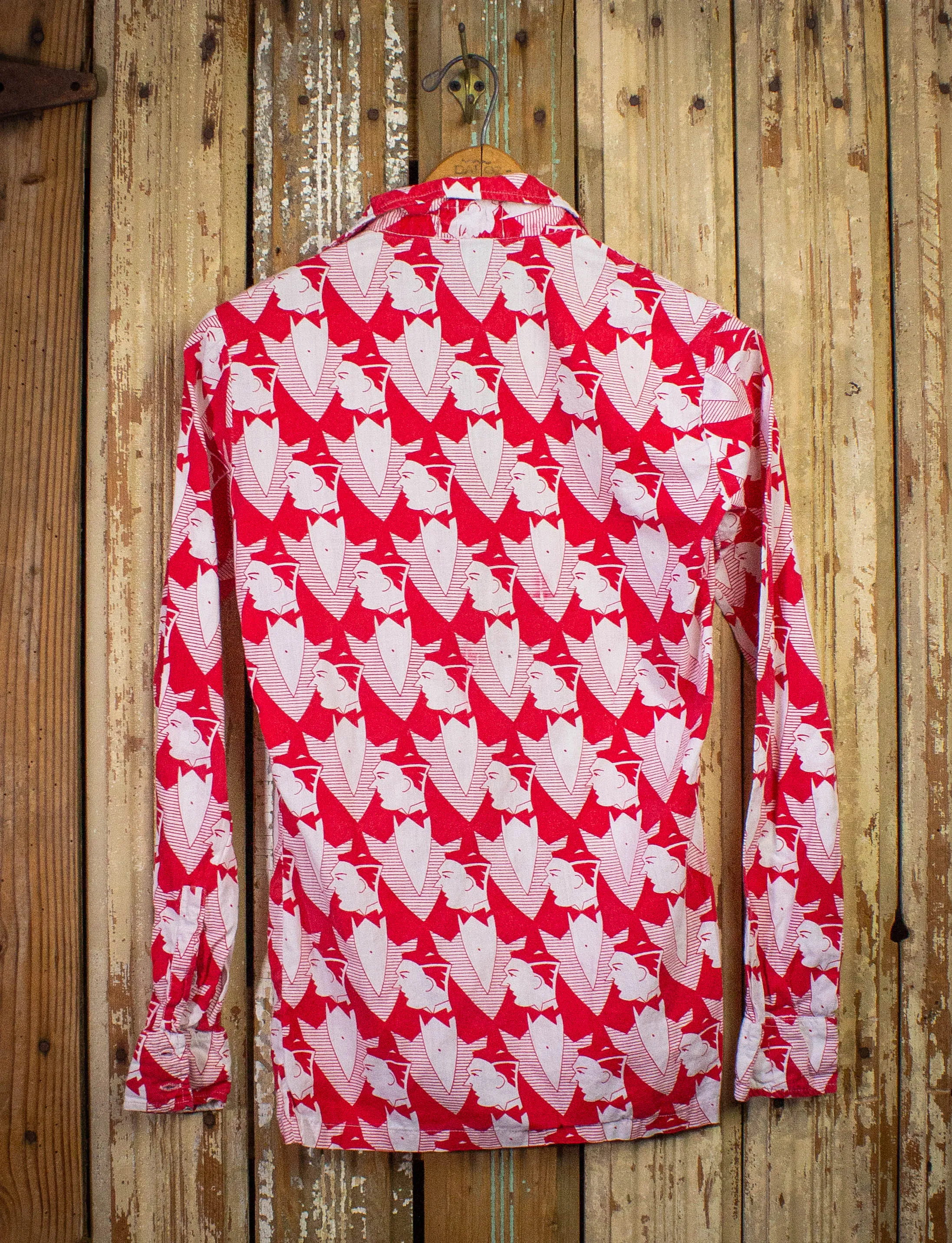 Vintage Harlan Matthews Tuxedo Pattern Button Up Shirt 70s Red/White Small