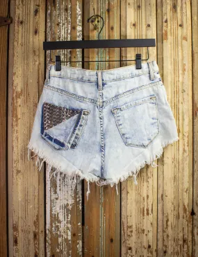 Vintage Necessary Studded Cut Off Denim Shorts Acid Wash 29w