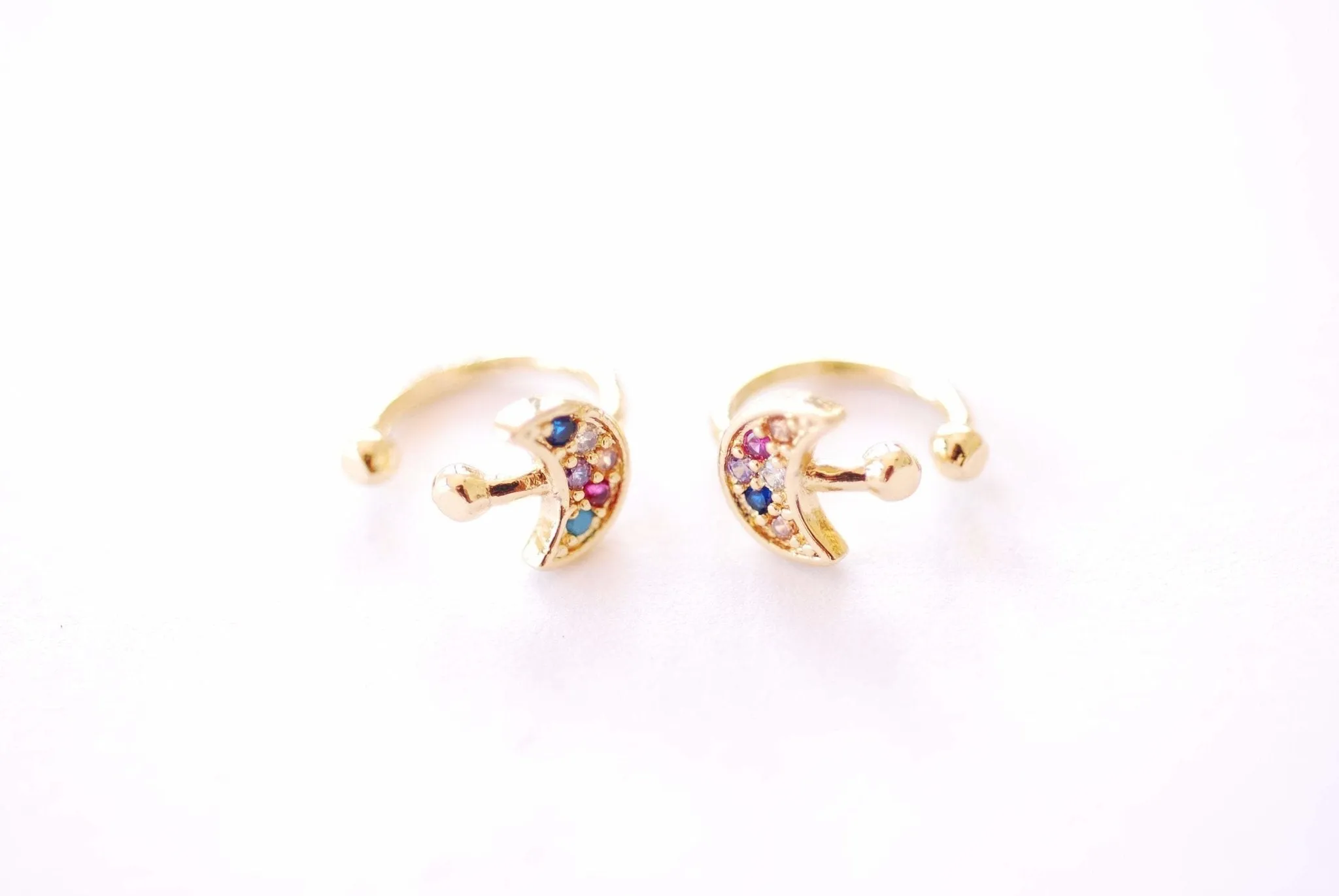 Wholesale Crescent Moon Rainbow Huggie Earrings | 18K Gold Plated over Brass CZ Cubic Zirconia | Colorful Cuff U Shape Conch Wrap B328