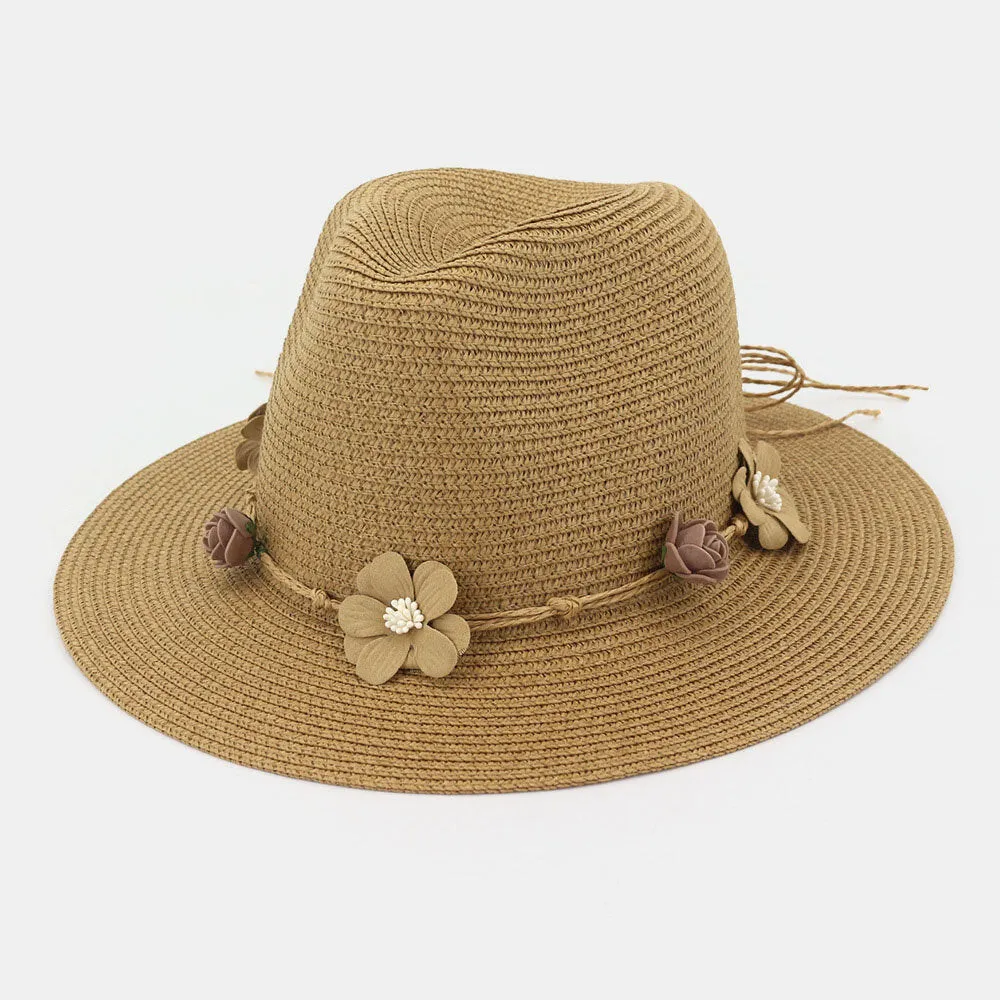 Women Sunscreen Travel Beach Sun Hat Flower Decoration Elegant Jazz Hat Straw Hat