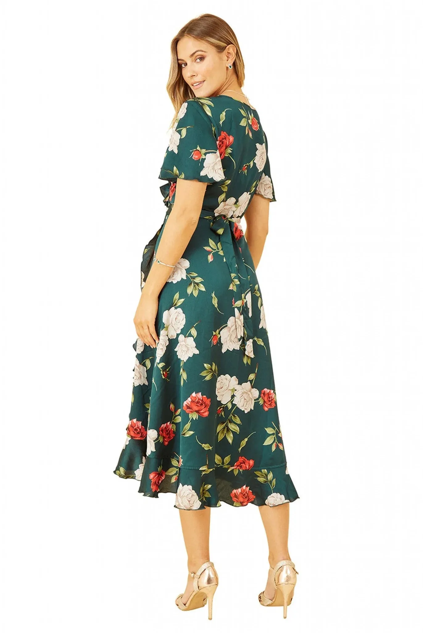 Yumi Green Satin Rose Print Wrap Dress