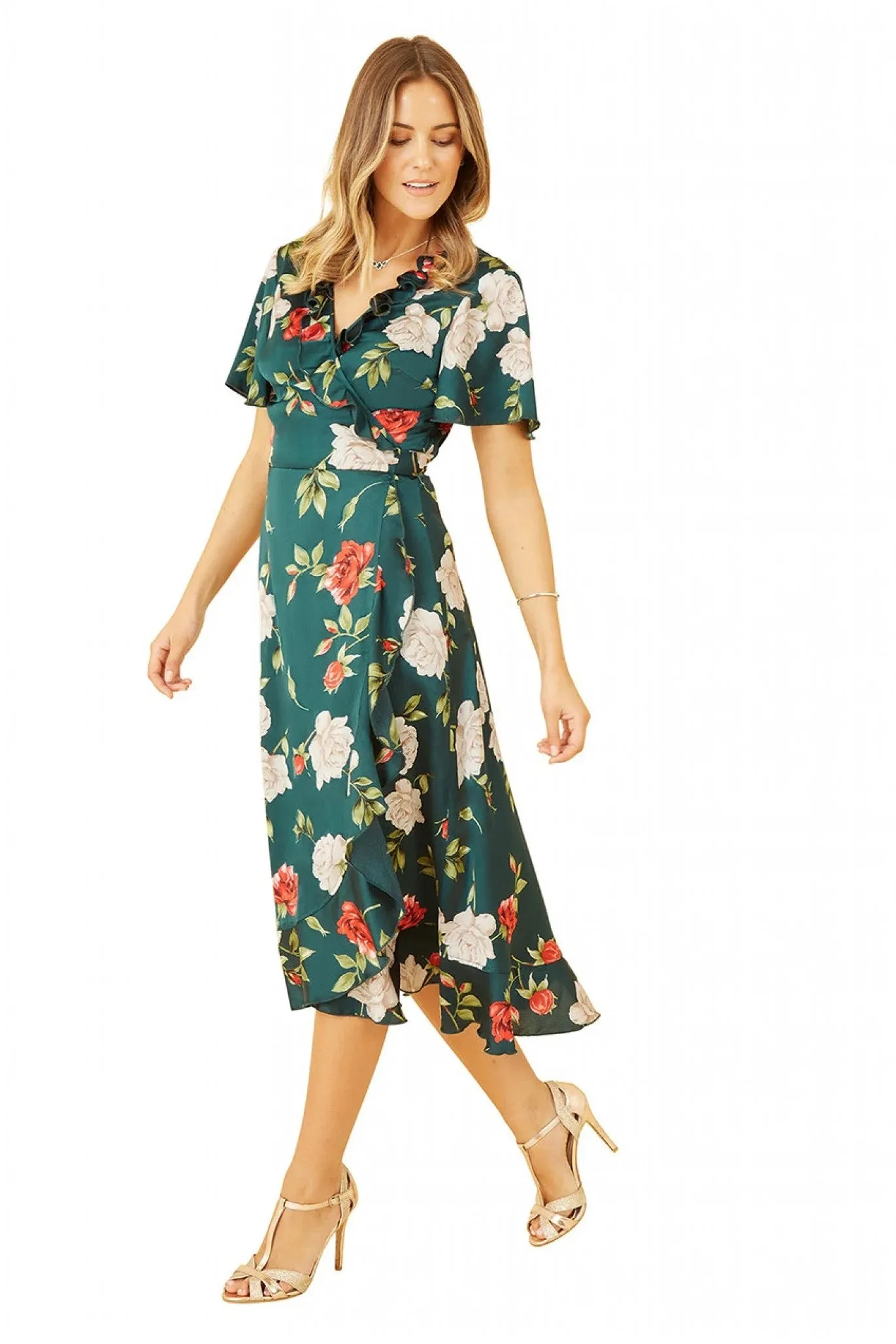 Yumi Green Satin Rose Print Wrap Dress