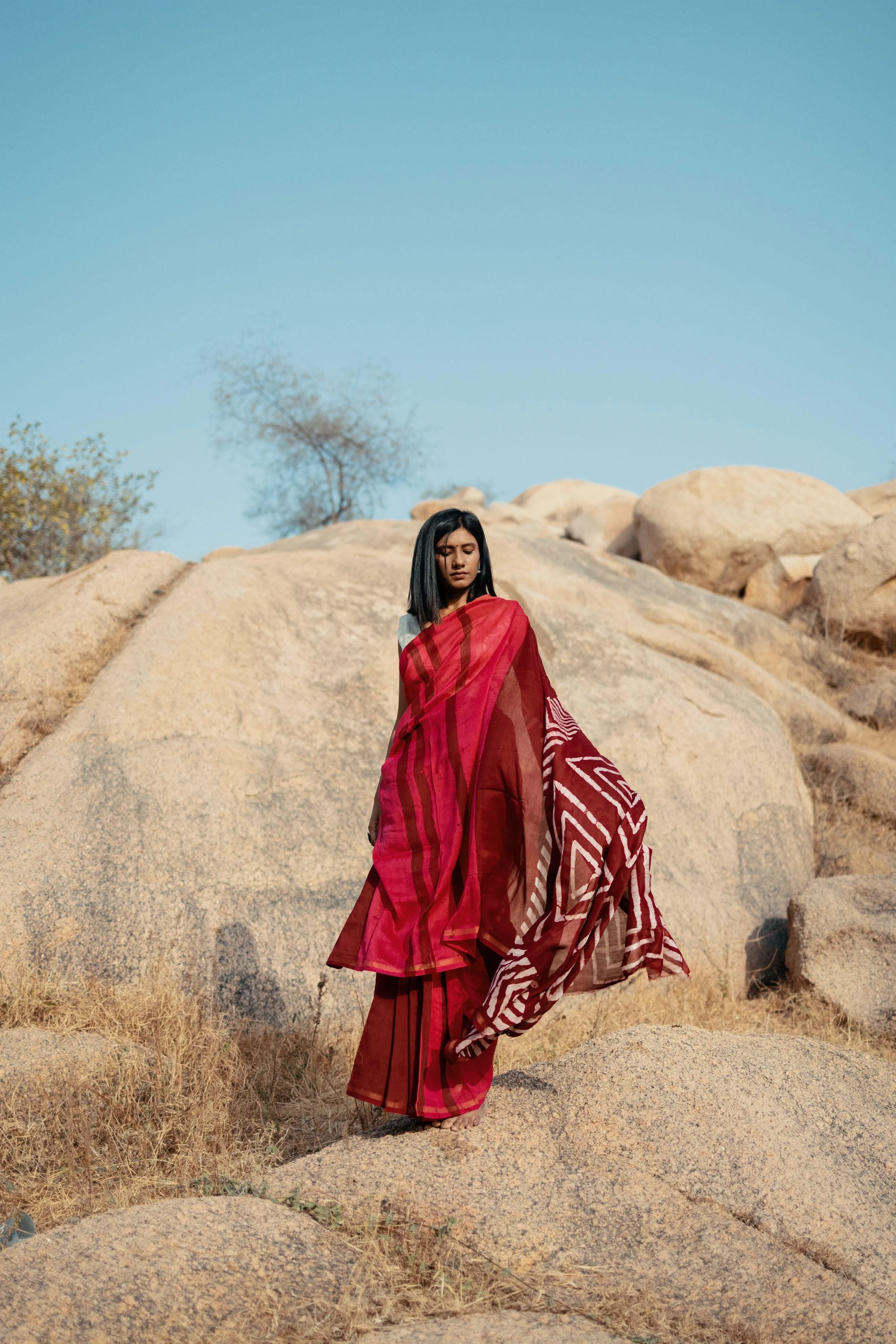 Zahra Bagru Batik dyed Red Silk cotton Saree